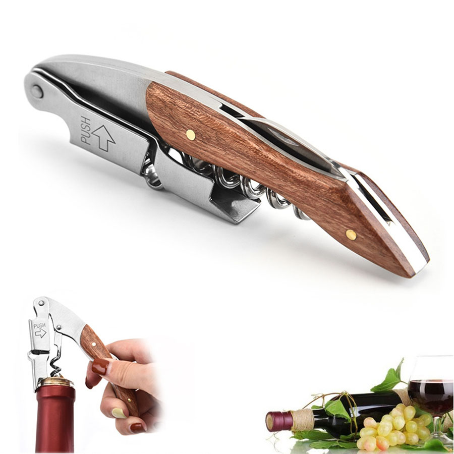Wine Beer Opener - อุปกรณ์เปิดขวดไวน์รวมฟังก์ชันการใช้งานที่แข็งแรงทนทานด้ามไม้กุญแจไวน์เกลียวสำหรับบาร์ร้านอาหารบริกรของบาร์เทนเดอร์